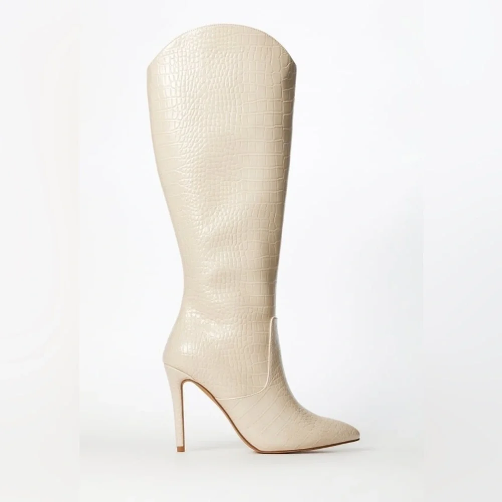 SHOEDAZZLE Women Paige Stiletto Beige Knee-High Boots Crock Embossed Size 10 New - Picture 3 of 14